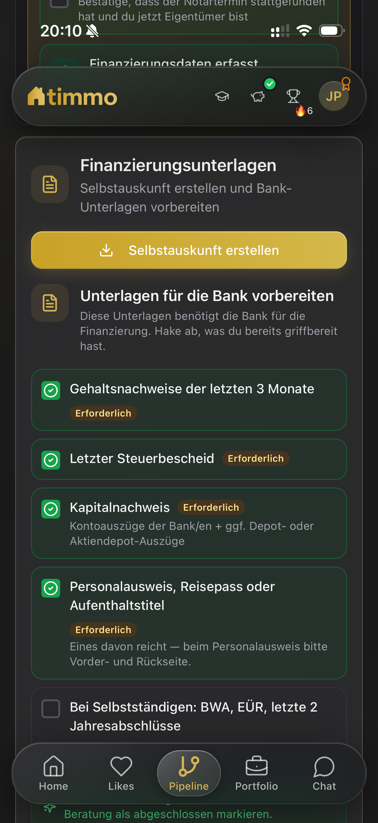 Unterlagen-Checkliste in der timmo App