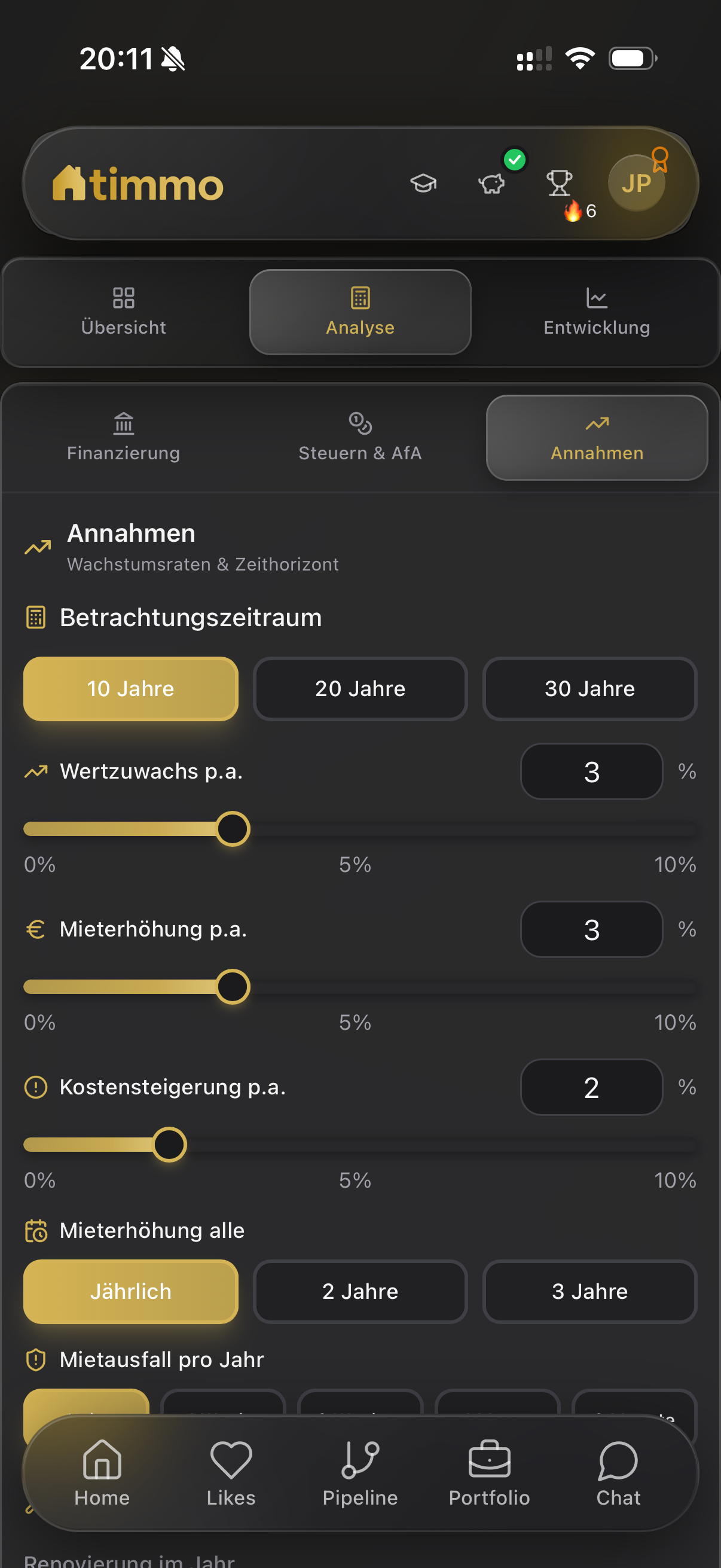 Annahmen-Ansicht der timmo Modellrechnung mit Zeitraum, Wertzuwachs, Mieterhöhung, Kostensteigerung und Mietausfall