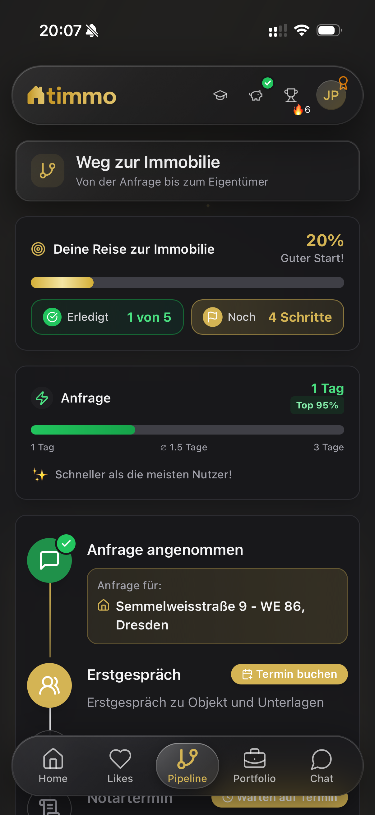 Pipeline-Ansicht der timmo App: der Weg von der Anfrage bis zum Eigentümer in fünf Schritten