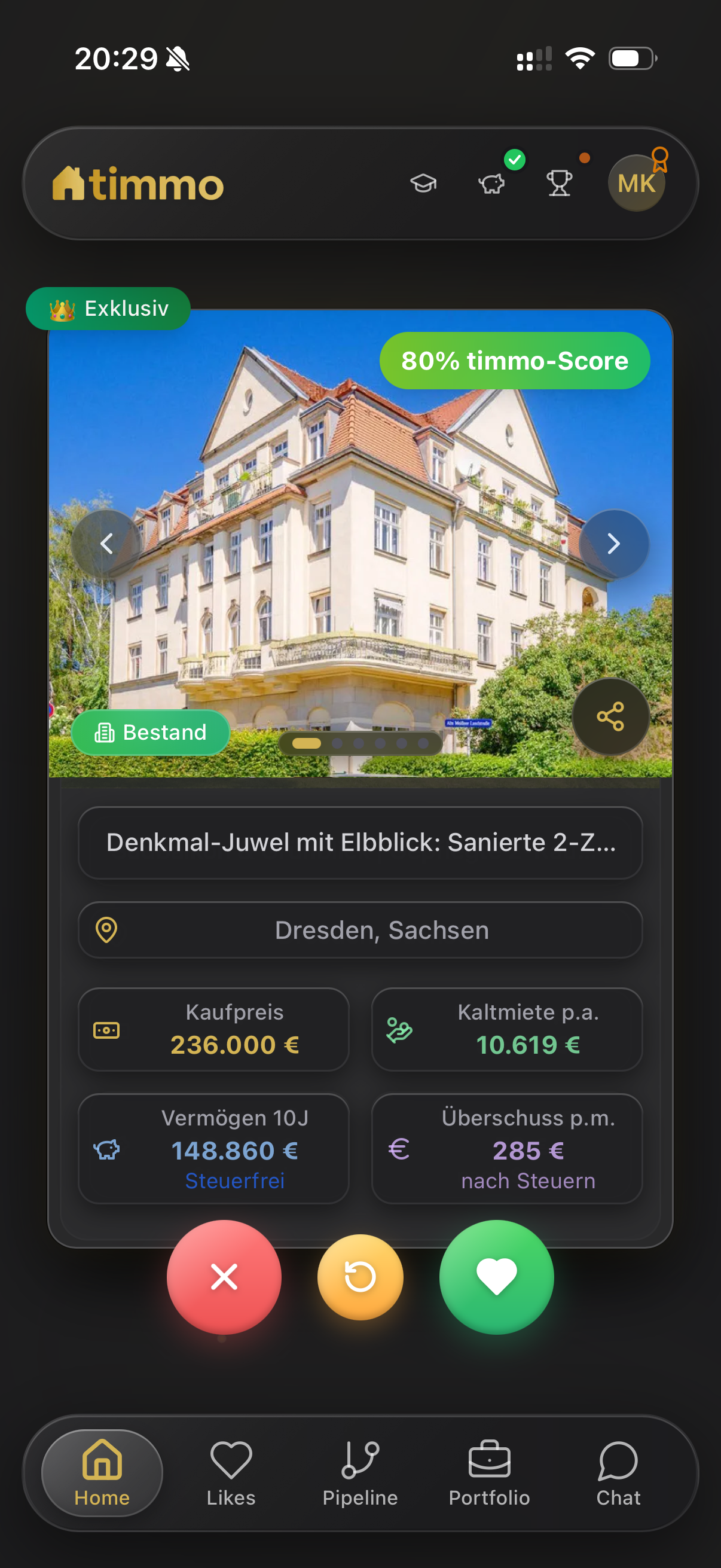 Swipe-Ansicht der timmo App mit einer Kapitalanlage-Immobilie