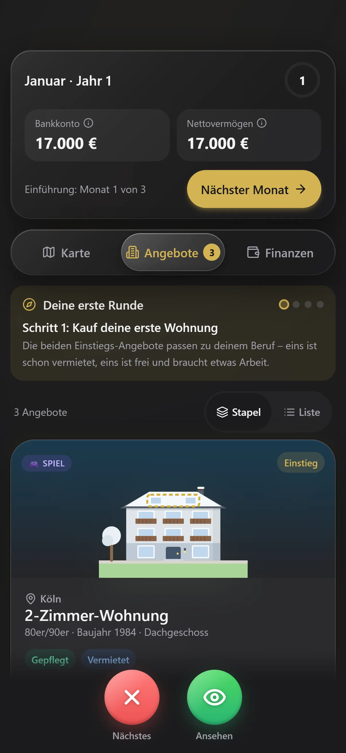 Spielangebote als Kartenstapel: eine fiktive 2-Zimmer-Wohnung mit Baujahr und Zustand