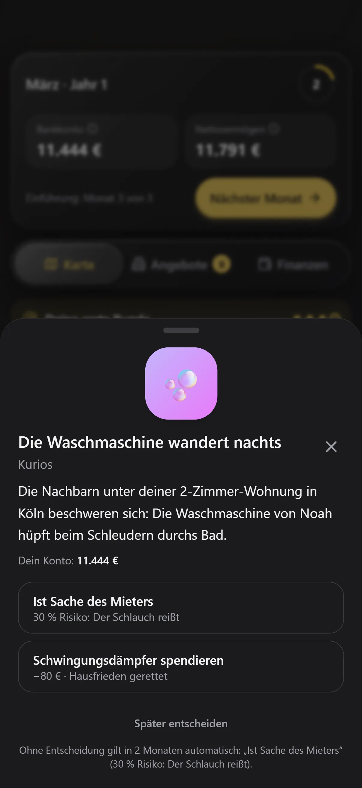 Ereigniskarte „Die Waschmaschine wandert nachts" mit zwei Antworten zur Auswahl