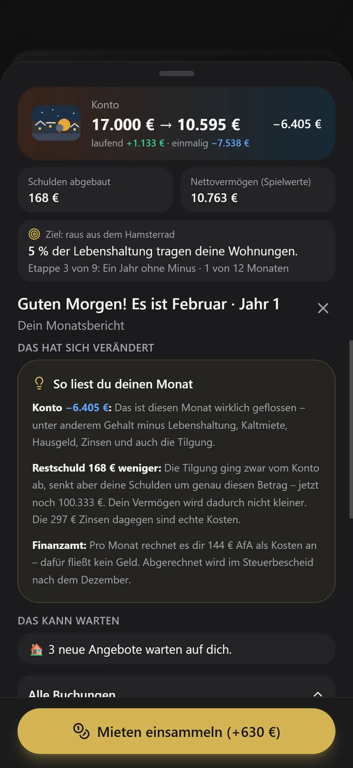 Monatsbericht im Spiel: Kontobewegung, abgebaute Schulden und Erklärung zu Zins, Tilgung und AfA