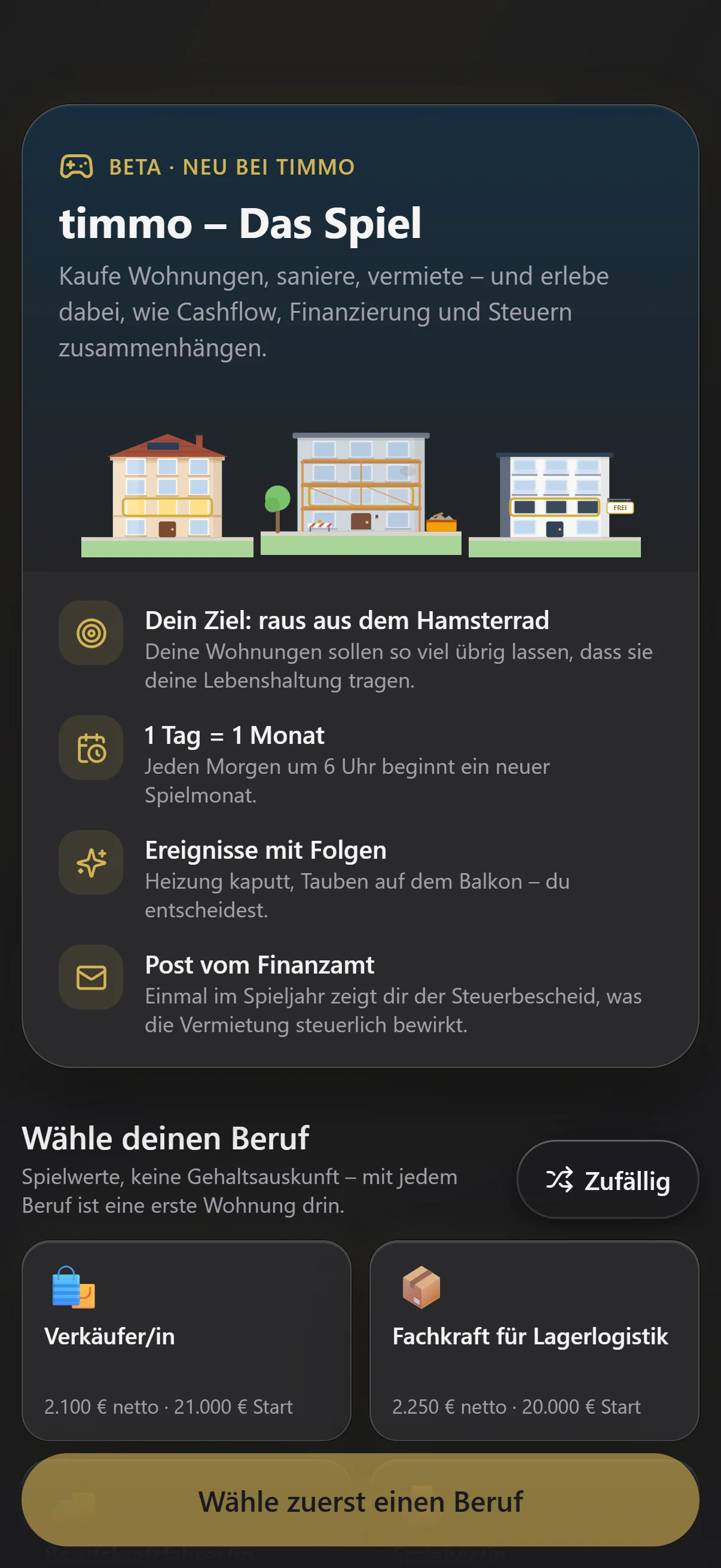 Startbildschirm von timmo – Das Spiel mit Spielziel und Berufswahl